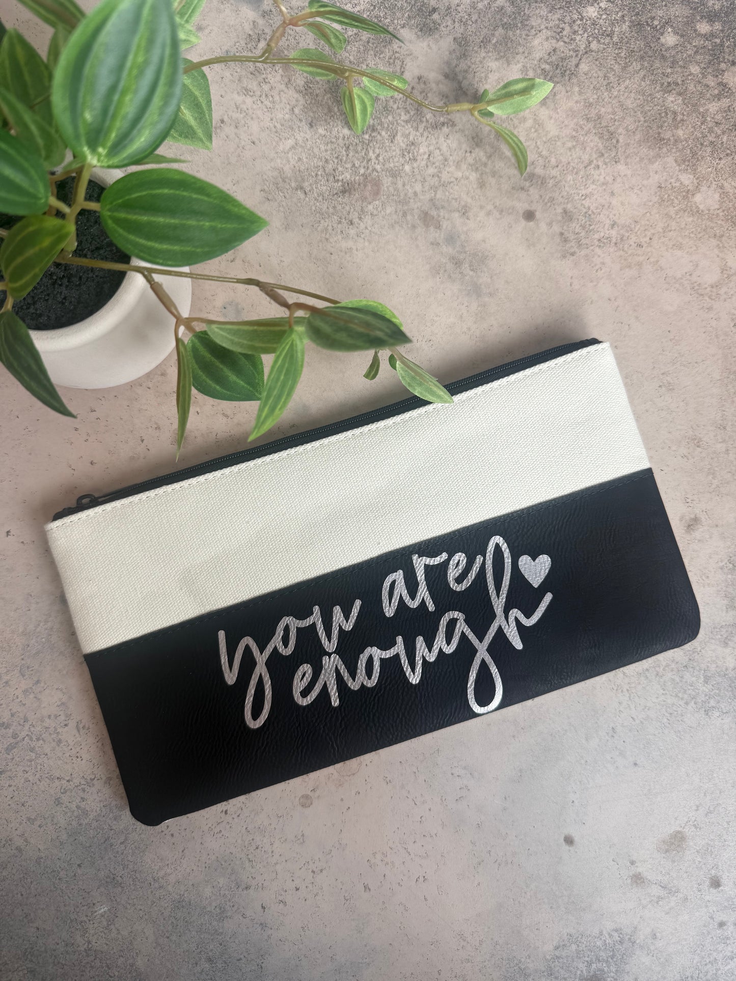 “You Are Enough” Canvas & Leatherette Zipper Pouch
