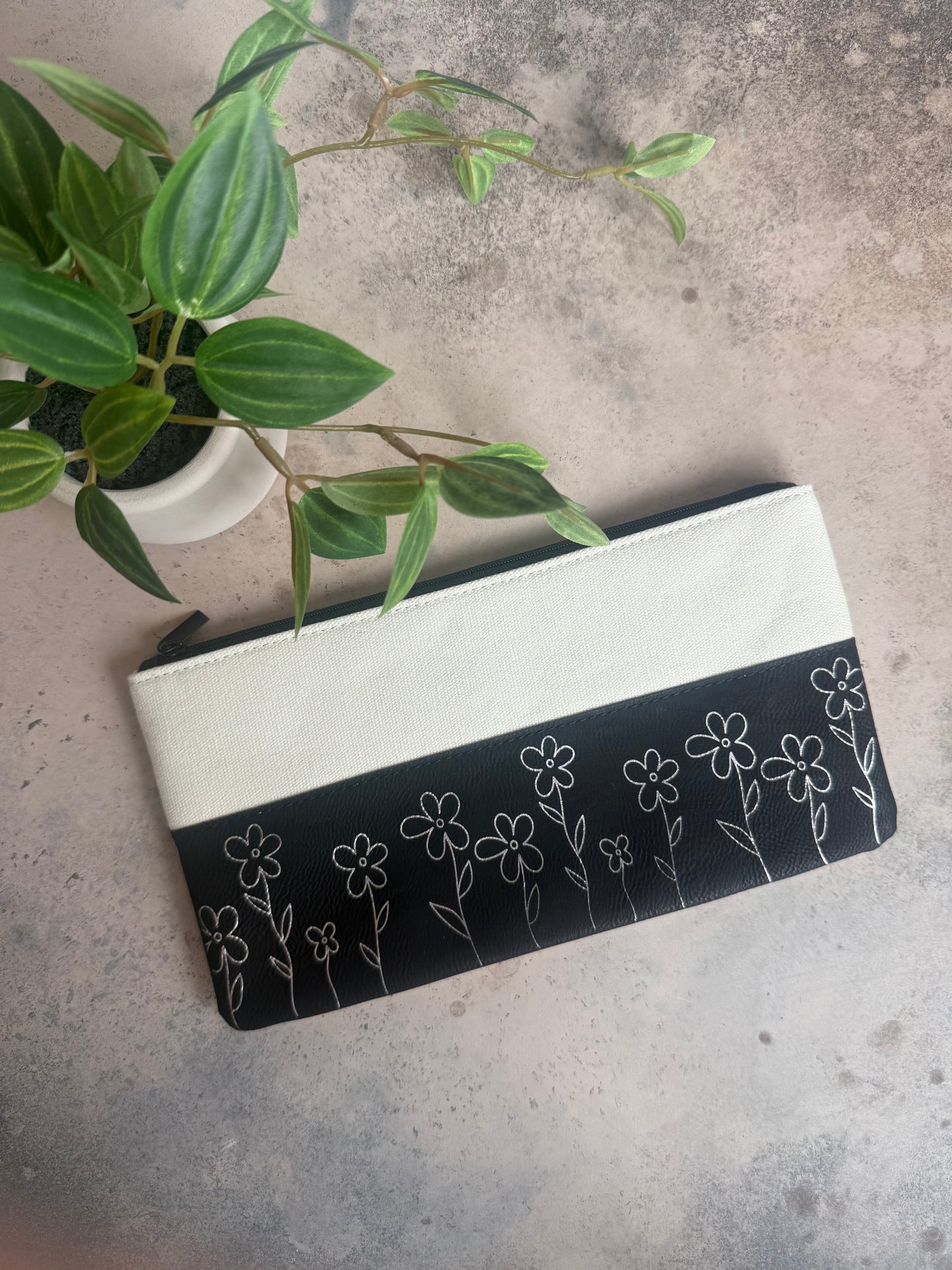 Black Floral Canvas & Leatherette Zipper Pouch