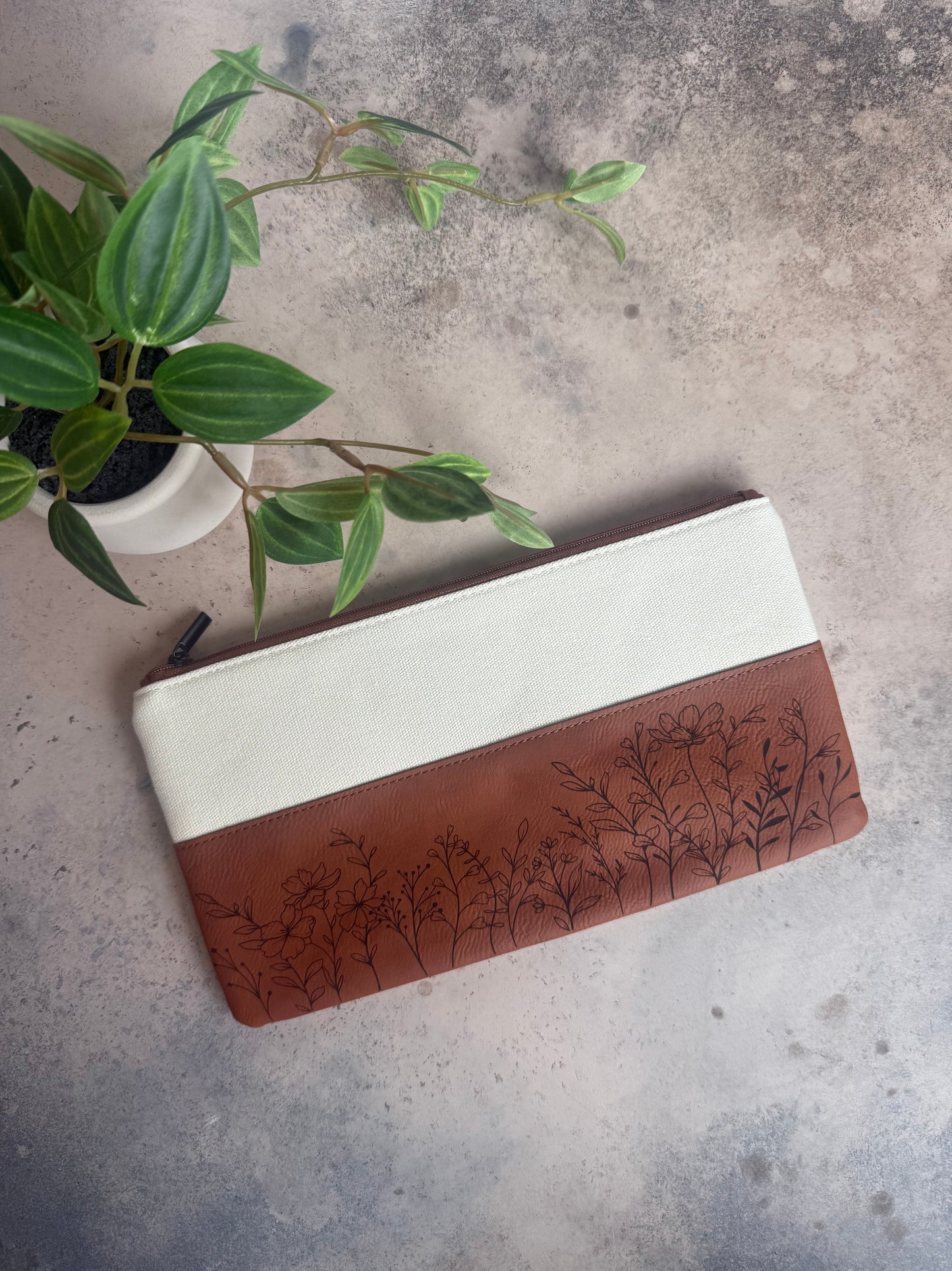 Wildflower Brown Canvas & Leatherette Zipper Pouch