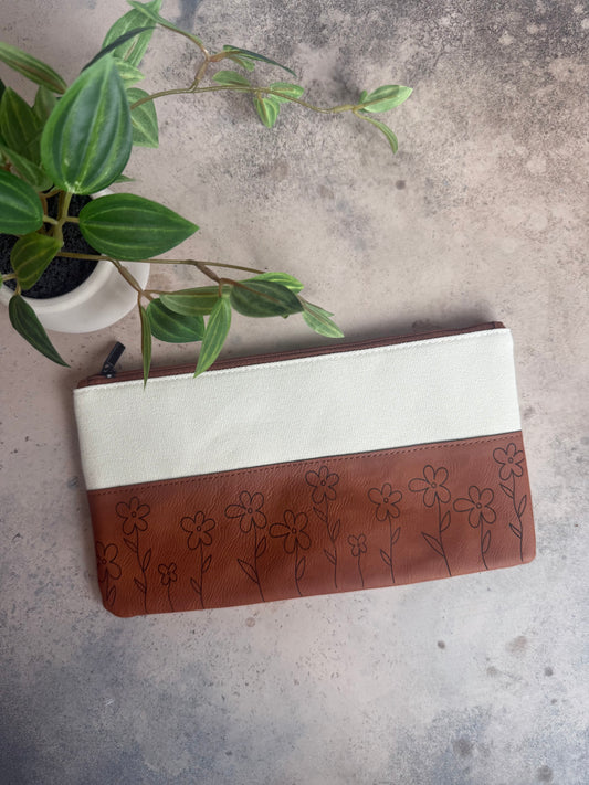 Brown Floral Canvas & Leatherette Zipper Pouch