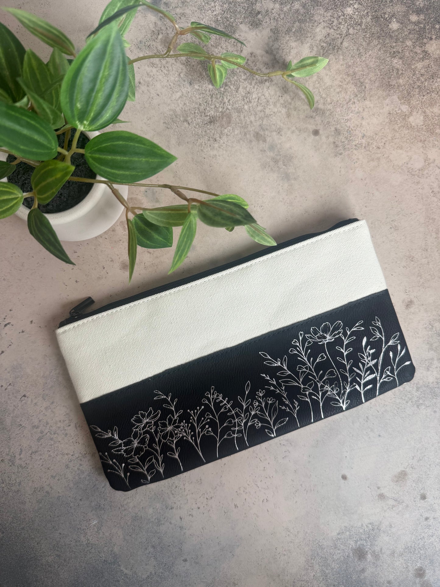 Wildflower Black Canvas & Leatherette Zipper Pouch