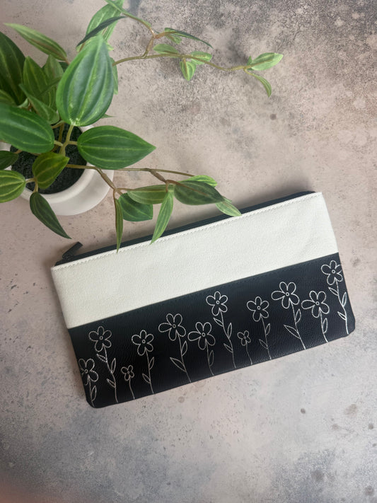 Black Floral Canvas & Leatherette Zipper Pouch